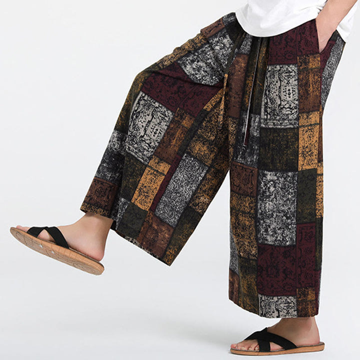 Buddha Stones Pantalon d'été patchwork pour homme, longueur 7-8, jambes larges, avec poches - SaddleBrown - US/UK/AU46，EU56 (5XL) - image 0