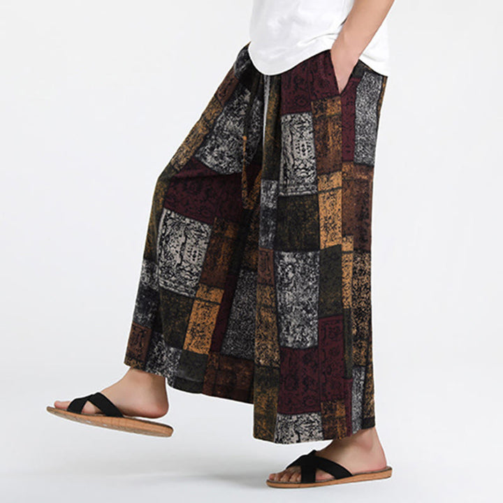 Buddha Stones Pantalon d'été patchwork pour homme, longueur 7-8, jambes larges, avec poches - image 7