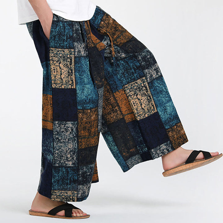Buddha Stones Pantalon d'été patchwork pour homme, longueur 7-8, jambes larges, avec poches - image 15