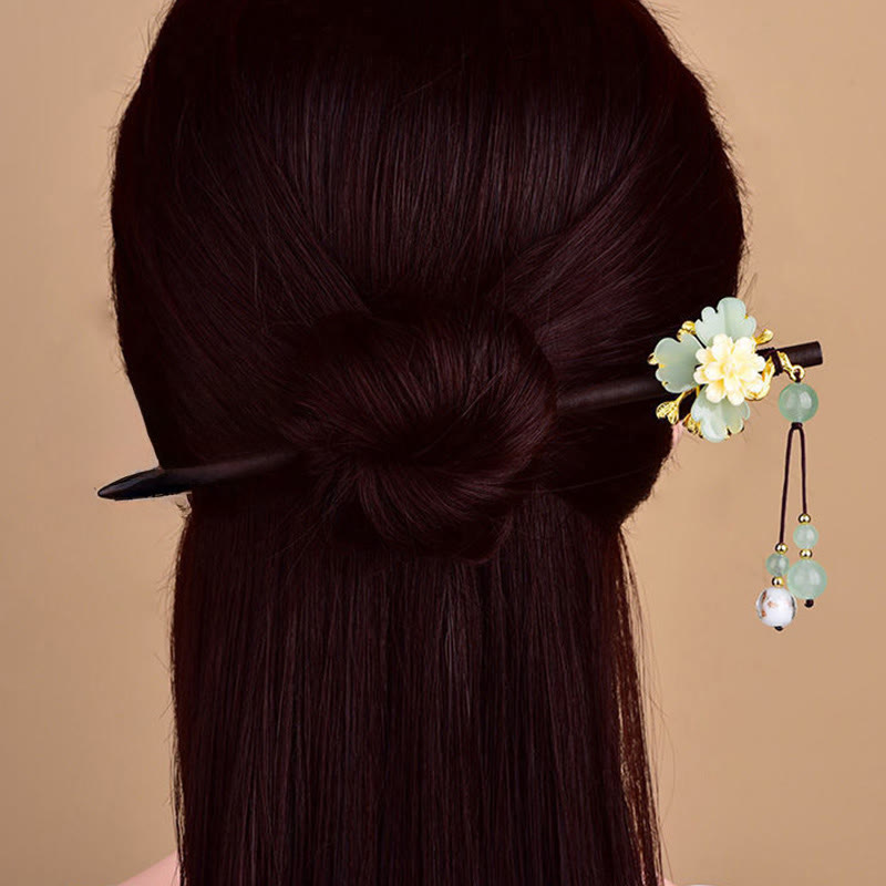 Buddha Stones Épingle à cheveux en verre Liuli à fleurs vertes, jaunes et blanches - image 4