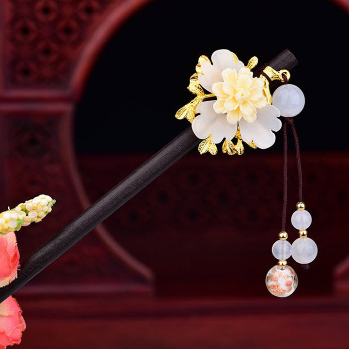 Buddha Stones Épingle à cheveux en verre Liuli à fleurs vertes, jaunes et blanches - Blanc - image 7