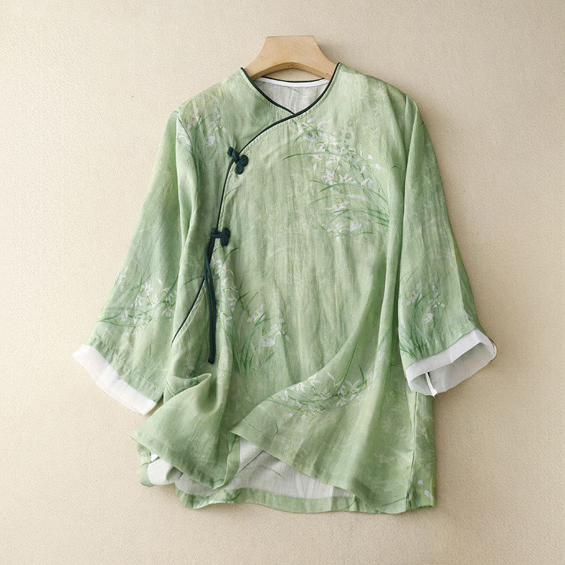 Buddha Stones Chemise à manches trois-quarts pour femme, motif orchidée blanche et fleurs rouges, boutonnière grenouille - Vert clair - US14，UK/AU18，EU46 (2XL) - image 0