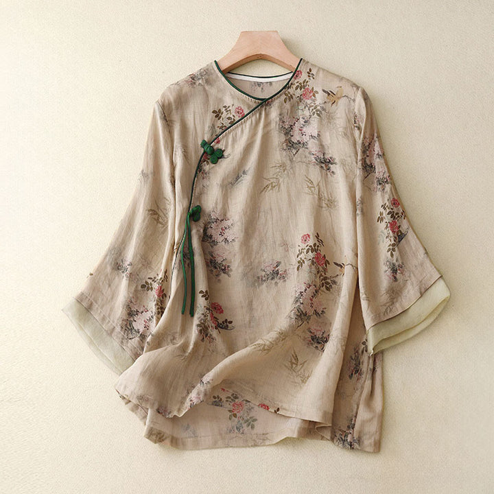 Buddha Stones Chemise à manches trois-quarts pour femme, motif orchidée blanche et fleurs rouges, boutonnière grenouille - BurlyWood - US14，UK/AU18，EU46 (2XL) - image 8