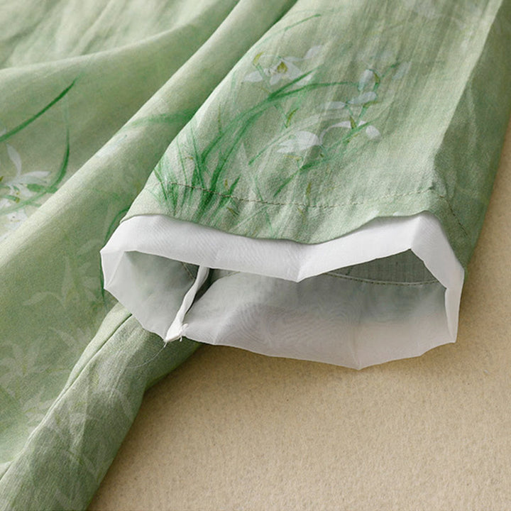 Buddha Stones Chemise à manches trois-quarts pour femme, motif orchidée blanche et fleurs rouges, boutonnière grenouille - image 7