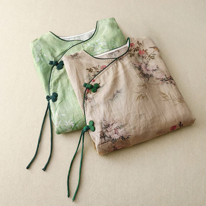 Buddha Stones Chemise à manches trois-quarts pour femme, motif orchidée blanche et fleurs rouges, boutonnière grenouille - image 18