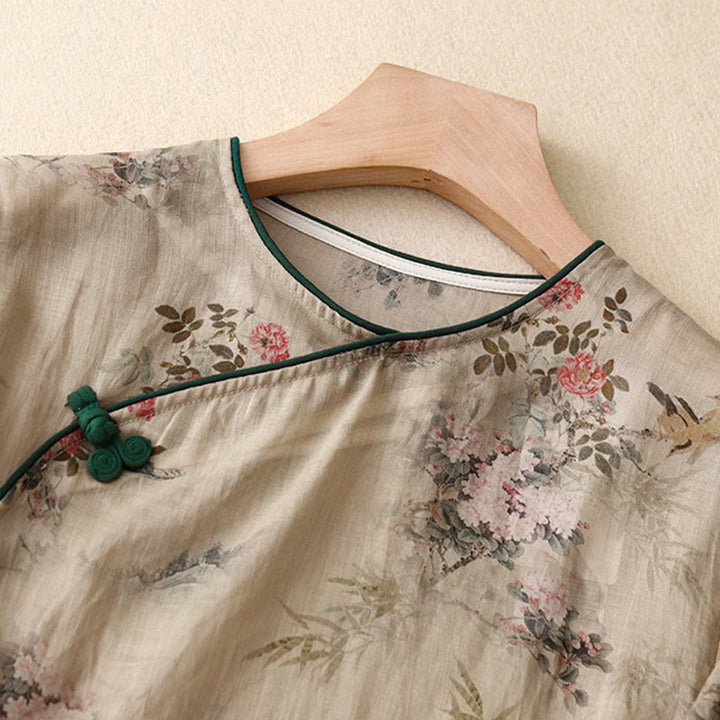 Buddha Stones Chemise à manches trois-quarts pour femme, motif orchidée blanche et fleurs rouges, boutonnière grenouille - image 9