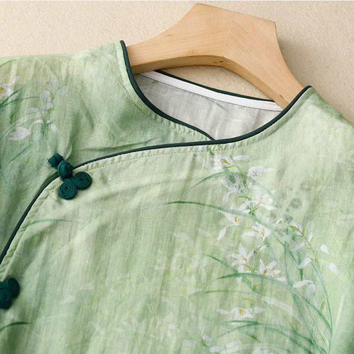 Buddha Stones Chemise à manches trois-quarts pour femme, motif orchidée blanche et fleurs rouges, boutonnière grenouille - image 2