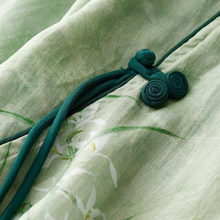 Buddha Stones Chemise à manches trois-quarts pour femme, motif orchidée blanche et fleurs rouges, boutonnière grenouille - image 3