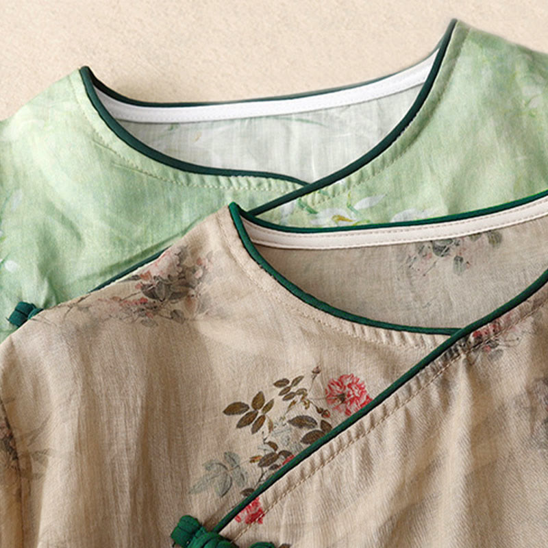 Buddha Stones Chemise à manches trois-quarts pour femme, motif orchidée blanche et fleurs rouges, boutonnière grenouille - image 19