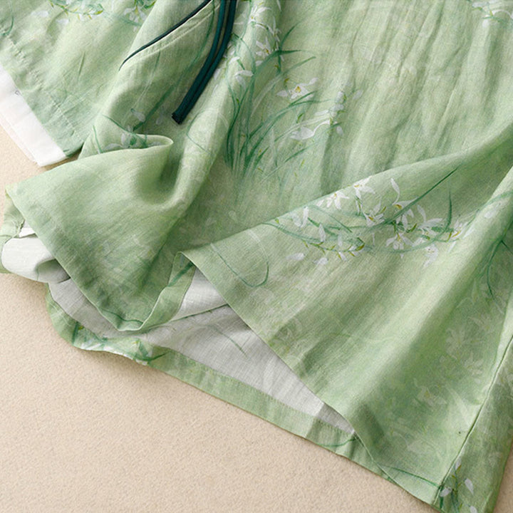 Buddha Stones Chemise à manches trois-quarts pour femme, motif orchidée blanche et fleurs rouges, boutonnière grenouille - image 5