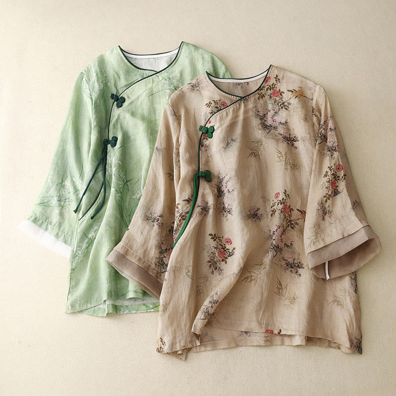 Buddha Stones Chemise à manches trois-quarts pour femme, motif orchidée blanche et fleurs rouges, boutonnière grenouille - image 17