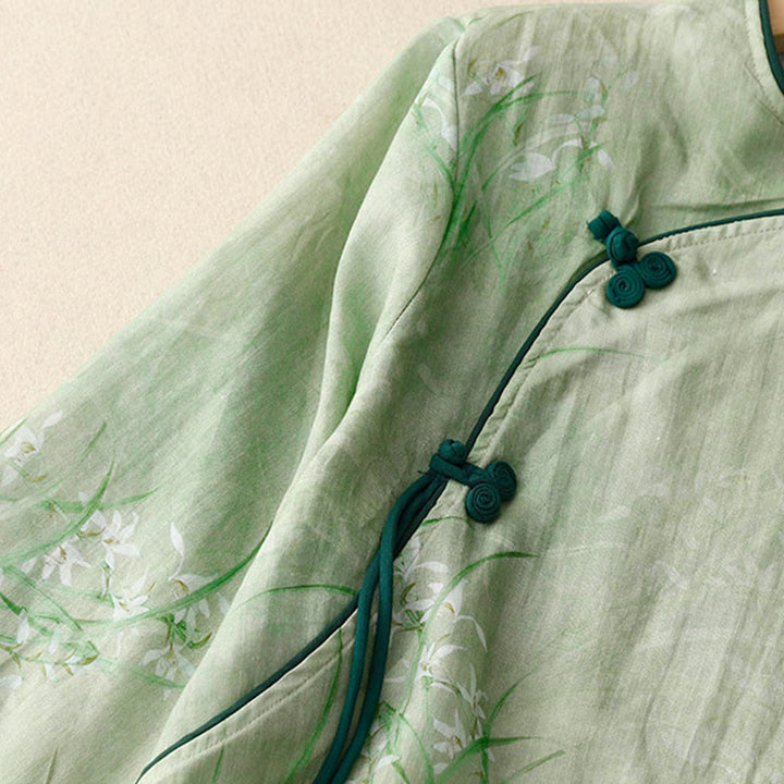 Buddha Stones Chemise à manches trois-quarts pour femme, motif orchidée blanche et fleurs rouges, boutonnière grenouille - image 1