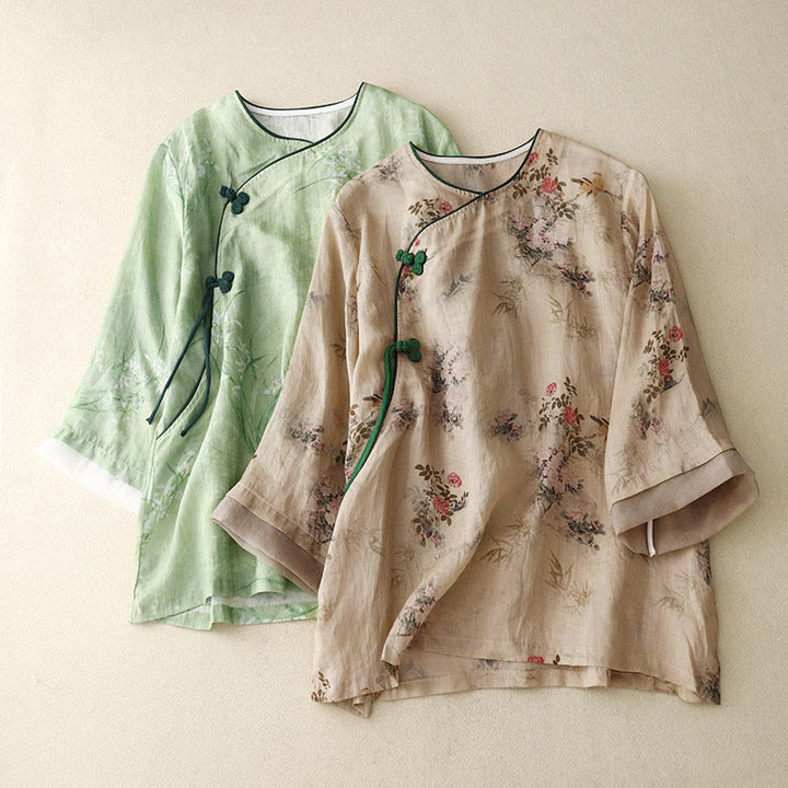Buddha Stones Chemise à manches trois-quarts pour femme, motif orchidée blanche et fleurs rouges, boutonnière grenouille - image 17