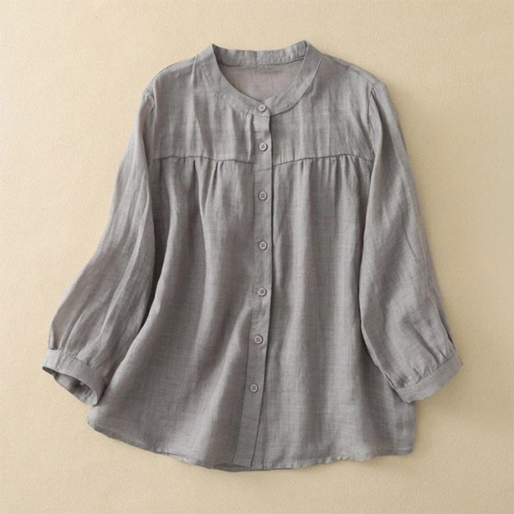 Buddha Stones Chemise femme unie à col rond et manches trois-quarts avec boutons - Gris - US14，UK/AU18，EU46 (3XL) - image 0