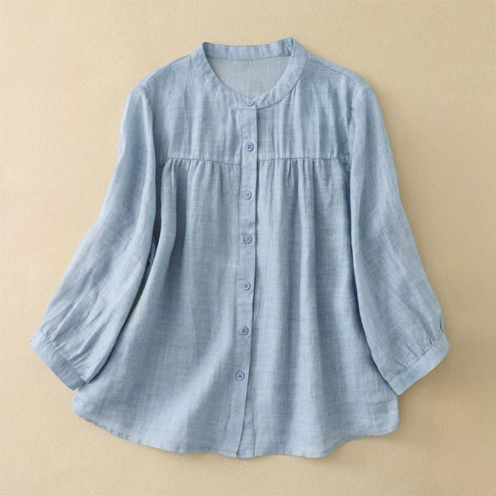 Buddha Stones Chemise femme unie à col rond et manches trois-quarts avec boutons - Bleu ciel clair - US14，UK/AU18，EU46 (3XL) - image 5