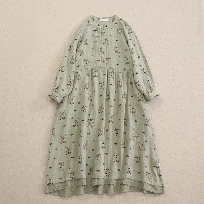 Buddha Stones Robe midi printanière à petits boutons, col rond, manches longues et poches, ornée d'un imprimé floral discret - Vert foncé - US4-8/10，UK/AU8-12/14，EU36-40/42 (F) - image 8