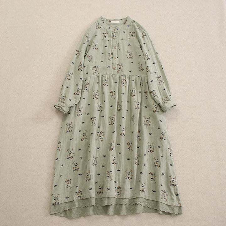 Buddha Stones Robe midi printanière à petits boutons, col rond, manches longues et poches, ornée d'un imprimé floral discret - Vert foncé - US4-8/10，UK/AU8-12/14，EU36-40/42 (F) - image 8