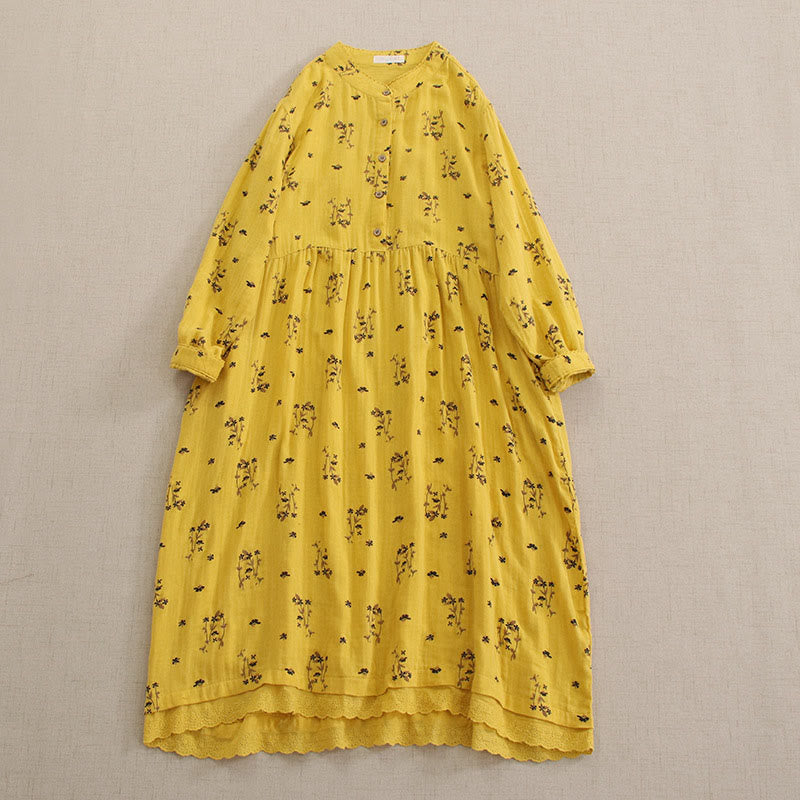 Buddha Stones Robe midi printanière à petits boutons, col rond, manches longues et poches, ornée d'un imprimé floral discret - Or - US4-8/10，UK/AU8-12/14，EU36-40/42 (F) - image 16