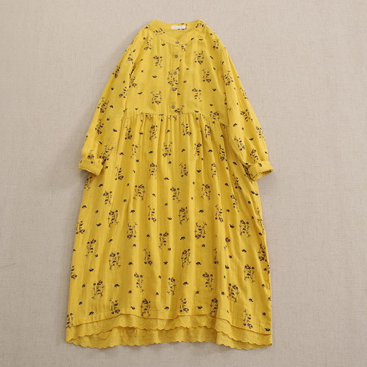 Buddha Stones Robe midi printanière à petits boutons, col rond, manches longues et poches, ornée d'un imprimé floral discret - Or - US4-8/10，UK/AU8-12/14，EU36-40/42 (F) - image 16