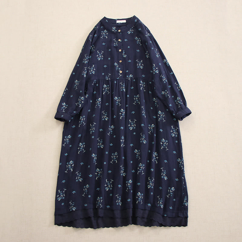 Buddha Stones Robe midi printanière à petits boutons, col rond, manches longues et poches, ornée d'un imprimé floral discret - SteelBlue - US4-8/10，UK/AU8-12/14，EU36-40/42 (F) - image 0