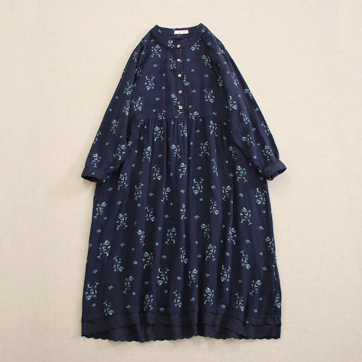 Buddha Stones Robe midi printanière à petits boutons, col rond, manches longues et poches, ornée d'un imprimé floral discret - SteelBlue - US4-8/10，UK/AU8-12/14，EU36-40/42 (F) - image 0