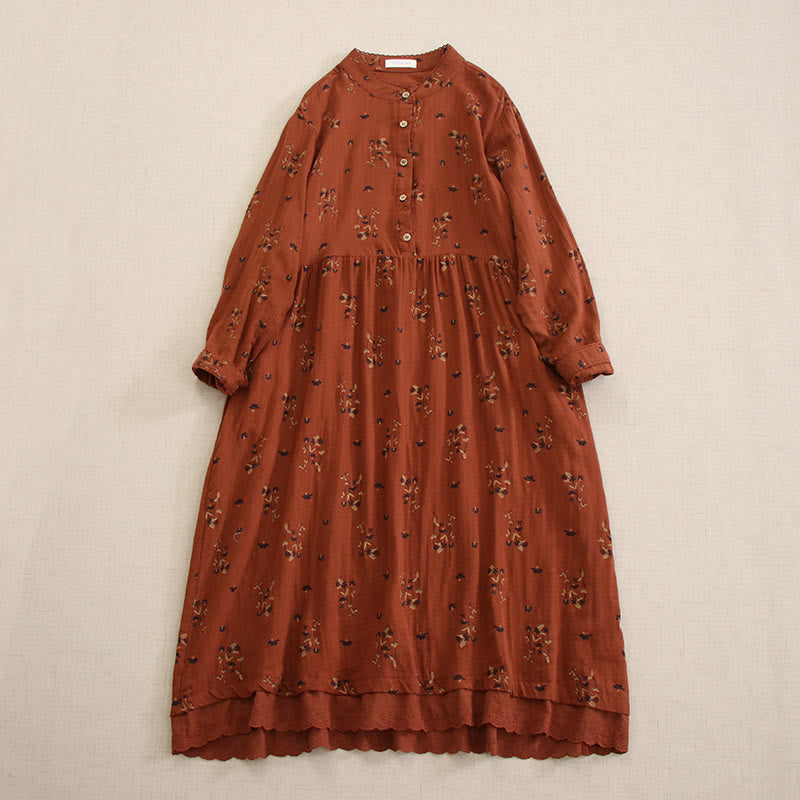 Buddha Stones Robe midi printanière à petits boutons, col rond, manches longues et poches, ornée d'un imprimé floral discret - FireBrick - US4-8/10，UK/AU8-12/14，EU36-40/42 (F) - image 23