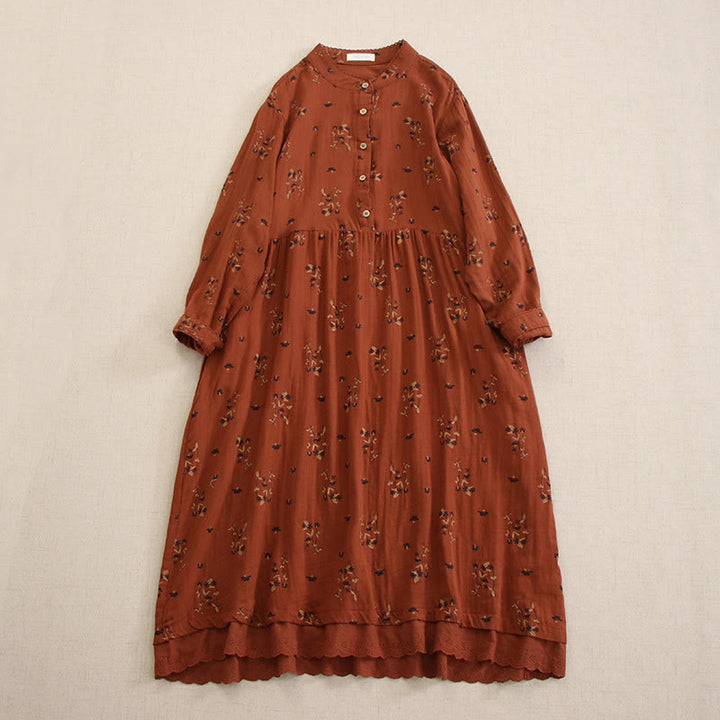 Buddha Stones Robe midi printanière à petits boutons, col rond, manches longues et poches, ornée d'un imprimé floral discret - FireBrick - US4-8/10，UK/AU8-12/14，EU36-40/42 (F) - image 23