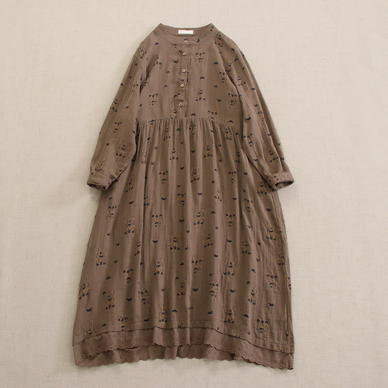 Buddha Stones Robe midi printanière à petits boutons, col rond, manches longues et poches, ornée d'un imprimé floral discret - Tanné - US4-8/10，UK/AU8-12/14，EU36-40/42 (F) - image 36