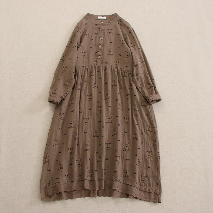 Buddha Stones Robe midi printanière à petits boutons, col rond, manches longues et poches, ornée d'un imprimé floral discret - Tanné - US4-8/10，UK/AU8-12/14，EU36-40/42 (F) - image 36