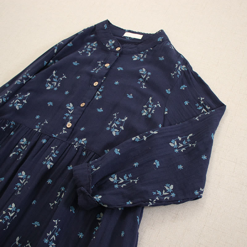 Buddha Stones Robe midi printanière à petits boutons, col rond, manches longues et poches, ornée d'un imprimé floral discret - image 2
