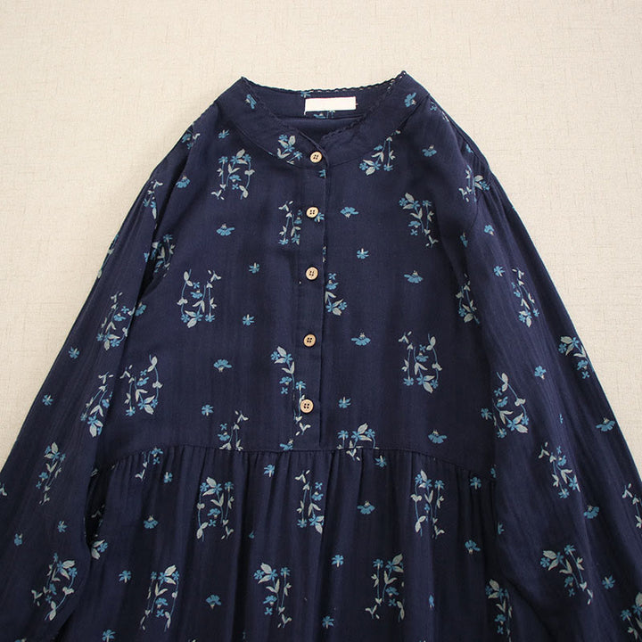 Buddha Stones Robe midi printanière à petits boutons, col rond, manches longues et poches, ornée d'un imprimé floral discret - image 1