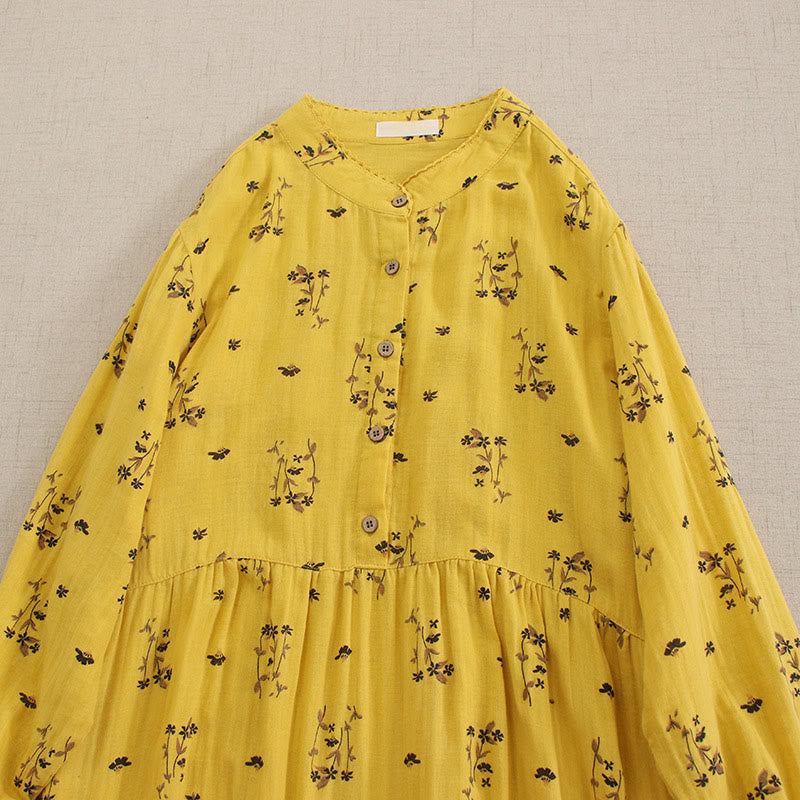 Buddha Stones Robe midi printanière à petits boutons, col rond, manches longues et poches, ornée d'un imprimé floral discret - image 17