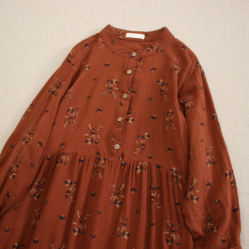 Buddha Stones Robe midi printanière à petits boutons, col rond, manches longues et poches, ornée d'un imprimé floral discret - image 24