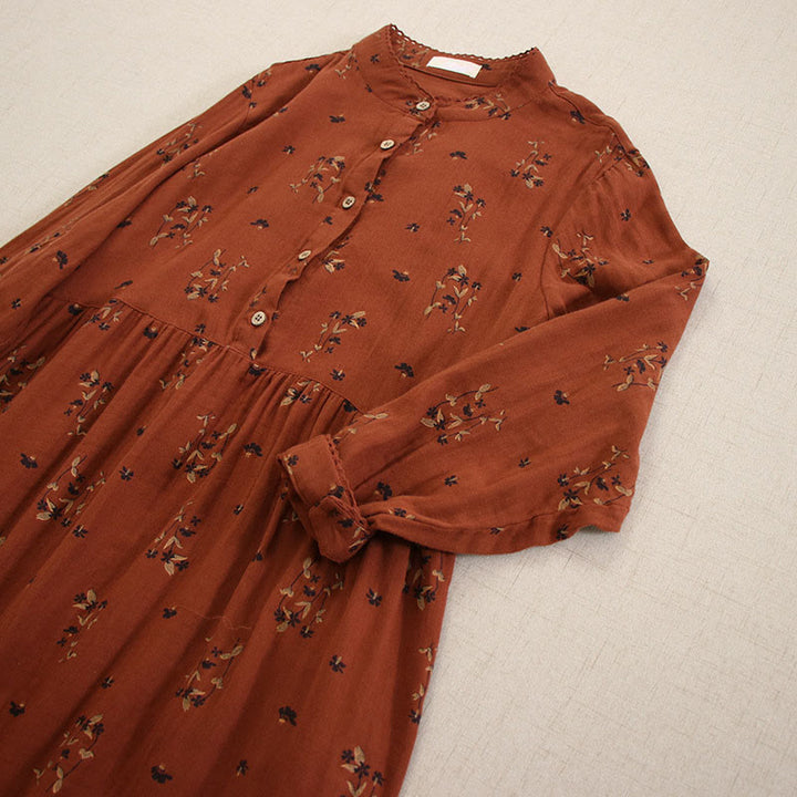 Buddha Stones Robe midi printanière à petits boutons, col rond, manches longues et poches, ornée d'un imprimé floral discret - image 25