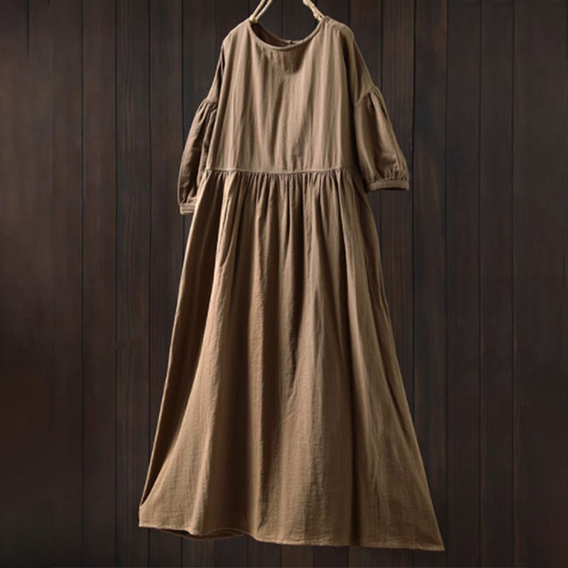 Buddha Stones Robe midi d'été en coton uni à col rond et manches courtes, avec poches - Tanné - US4-6，UK/AU8-10，EU36-38 (F) - image 10
