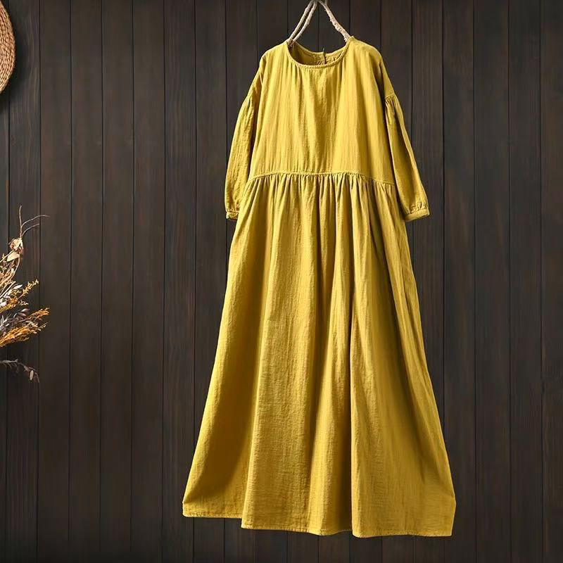 Buddha Stones Robe midi d'été en coton uni à col rond et manches courtes, avec poches - Jaune - US4-6，UK/AU8-10，EU36-38 (F) - image 2