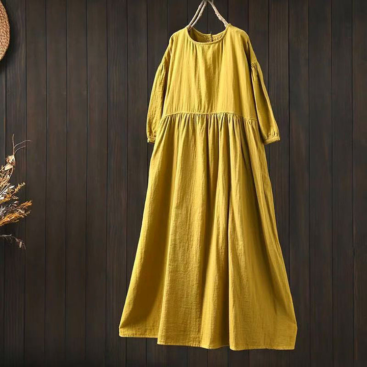 Buddha Stones Robe midi d'été en coton uni à col rond et manches courtes, avec poches - Jaune - US4-6，UK/AU8-10，EU36-38 (F) - image 2