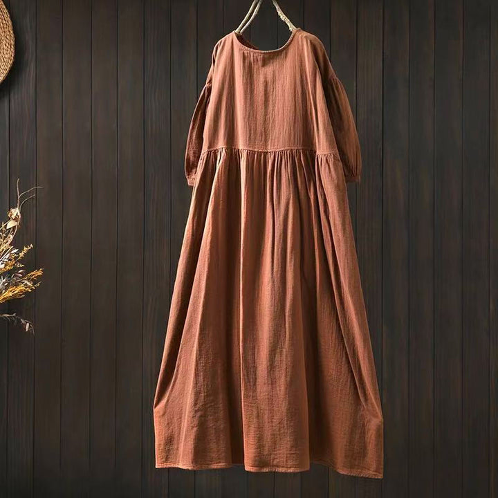 Buddha Stones Robe midi d'été en coton uni à col rond et manches courtes, avec poches - SandyBrown - US4-6，UK/AU8-10，EU36-38 (F) - image 0