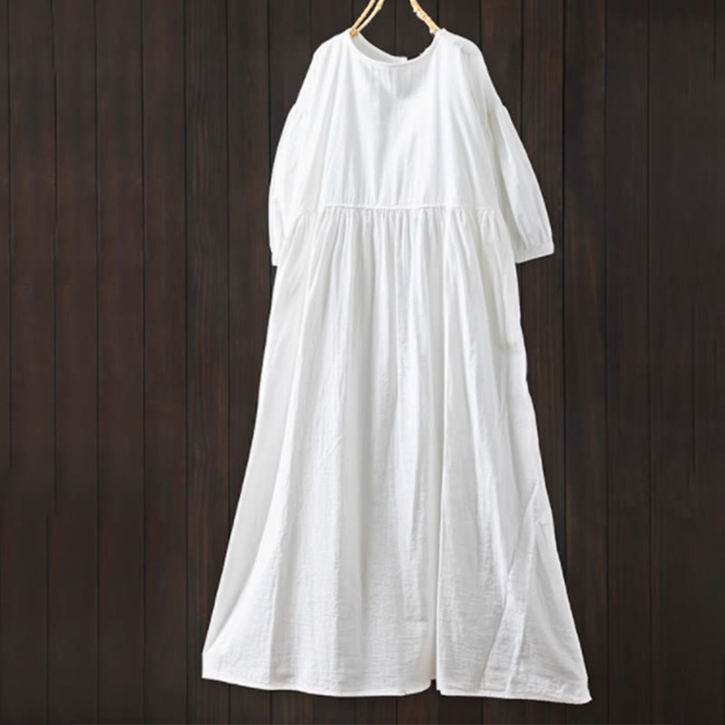 Buddha Stones Robe midi d'été en coton uni à col rond et manches courtes, avec poches - Blanc - US4-6，UK/AU8-10，EU36-38 (F) - image 4