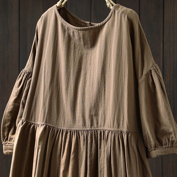 Buddha Stones Robe midi d'été en coton uni à col rond et manches courtes, avec poches - image 11