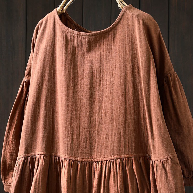 Buddha Stones Robe midi d'été en coton uni à col rond et manches courtes, avec poches - image 1