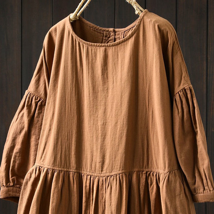 Buddha Stones Robe midi d'été en coton uni à col rond et manches courtes, avec poches - image 9