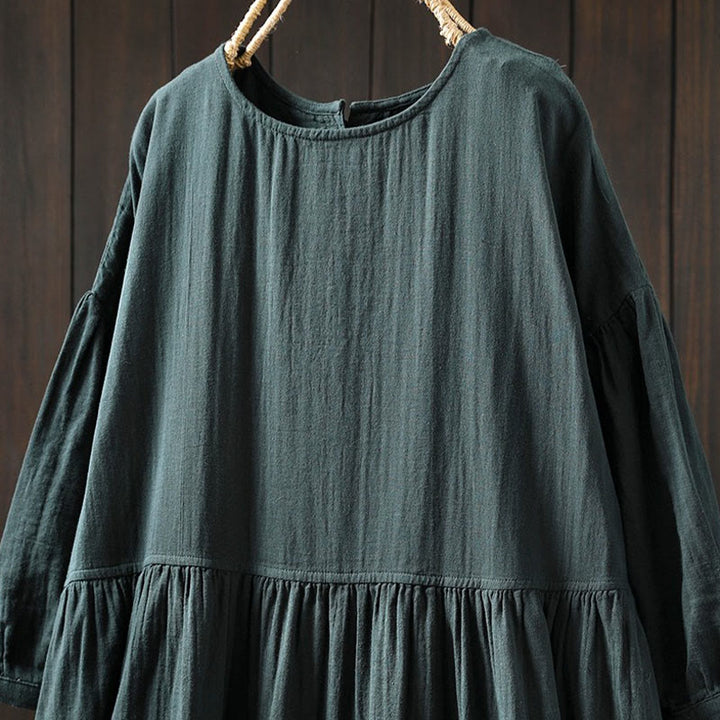 Buddha Stones Robe midi d'été en coton uni à col rond et manches courtes, avec poches - image 7