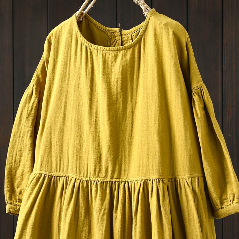 Buddha Stones Robe midi d'été en coton uni à col rond et manches courtes, avec poches - image 3