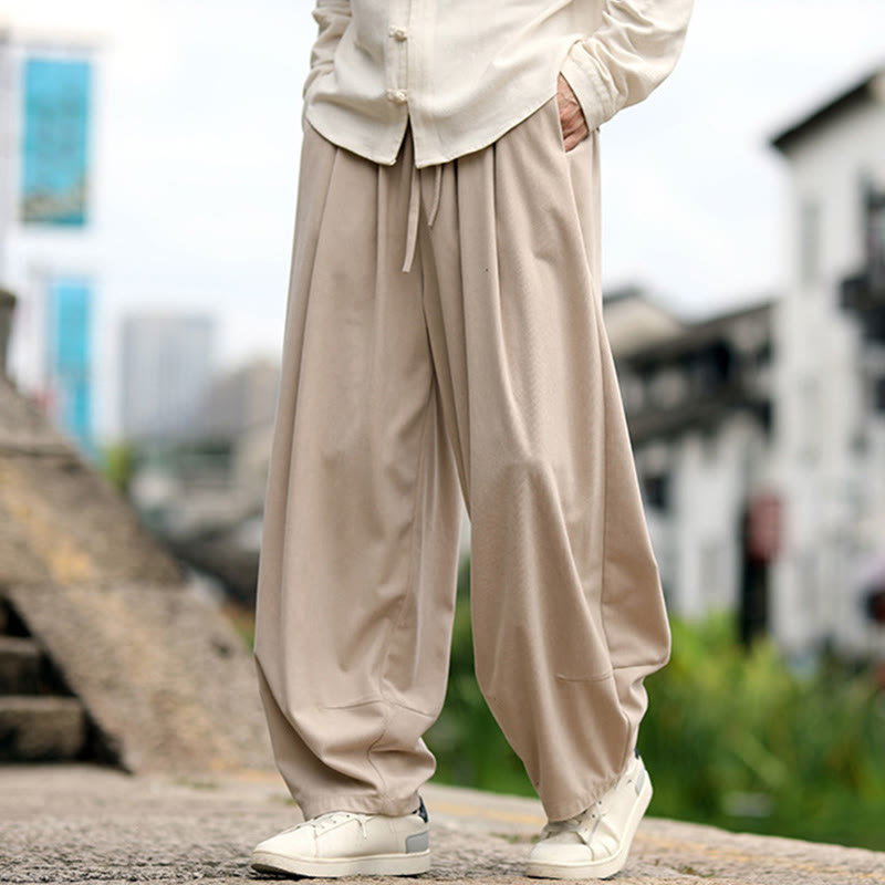 Buddha Stones Pantalon harem homme automne uni à taille élastique et cordon de serrage avec poches - image 1