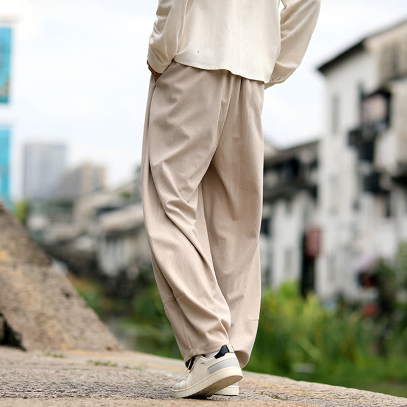 Buddha Stones Pantalon harem homme automne uni à taille élastique et cordon de serrage avec poches - image 4