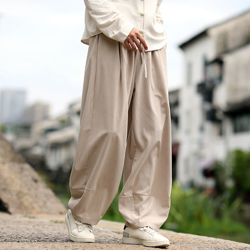 Buddha Stones Pantalon harem homme automne uni à taille élastique et cordon de serrage avec poches - image 2