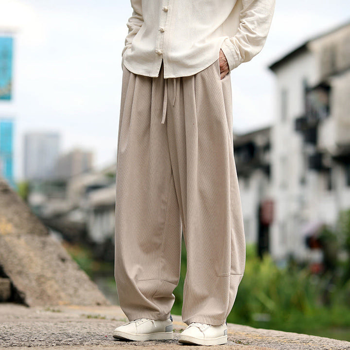 Buddha Stones Pantalon harem homme automne uni à taille élastique et cordon de serrage avec poches - image 3