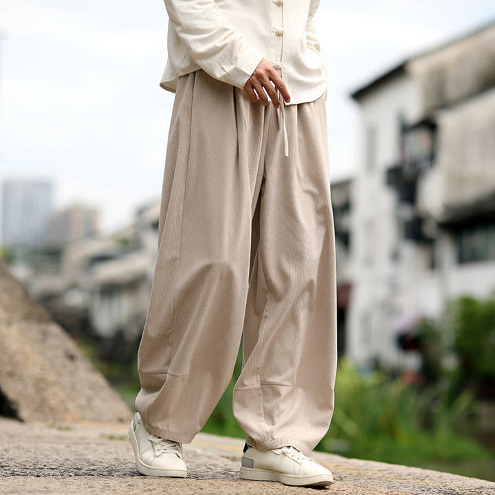 Buddha Stones Pantalon harem homme automne uni à taille élastique et cordon de serrage avec poches - image 5