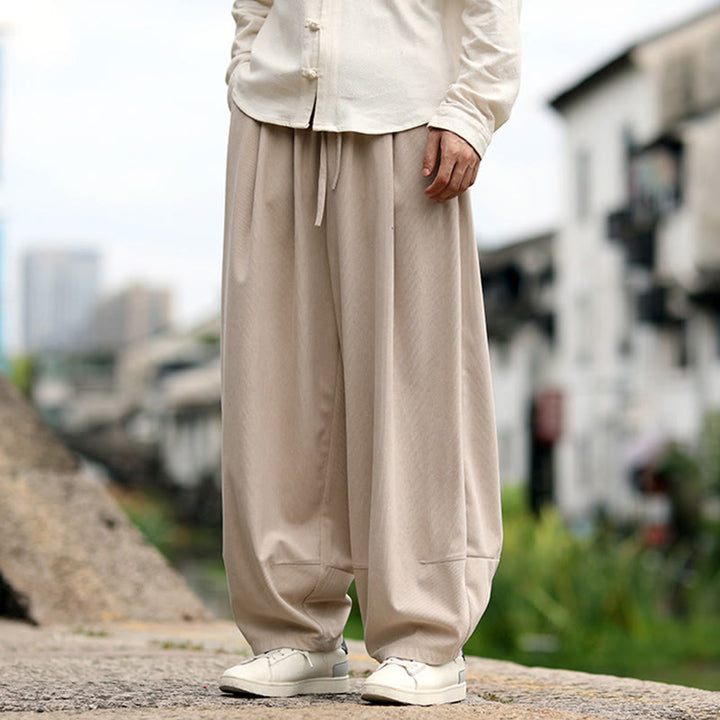 Buddha Stones Pantalon harem homme automne uni à taille élastique et cordon de serrage avec poches - image 8